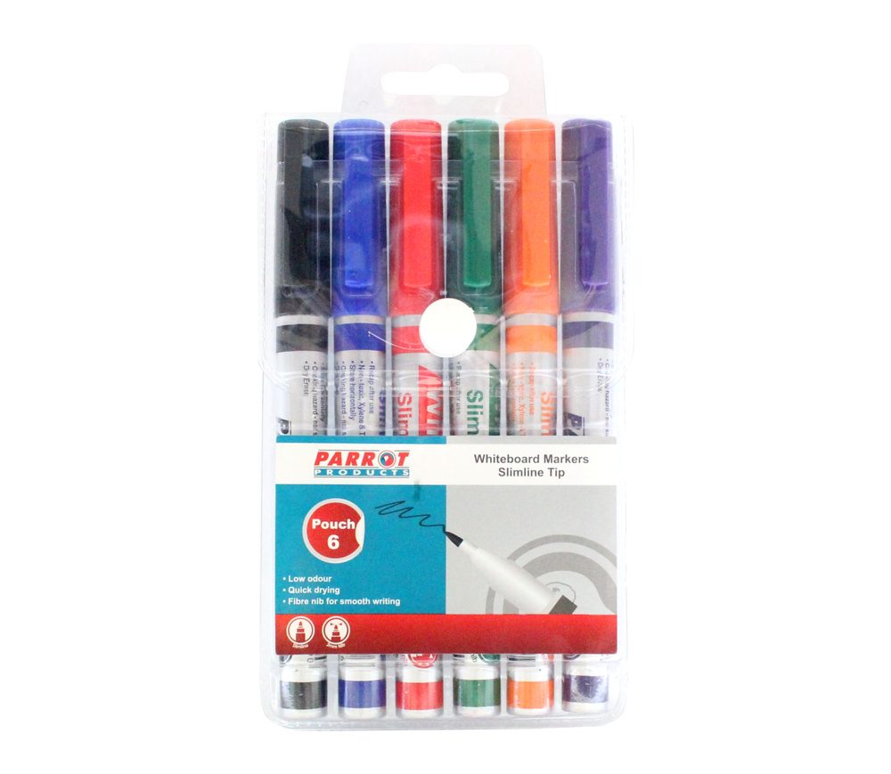 Parrot Products Whiteboard Markers (6 Markers - Slimline Tip - Pouch)