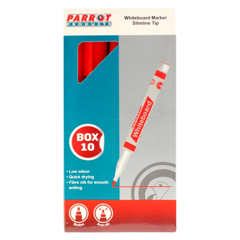 Parrot Products Whiteboard Markers (10 Markers - Slimline Tip - Red)