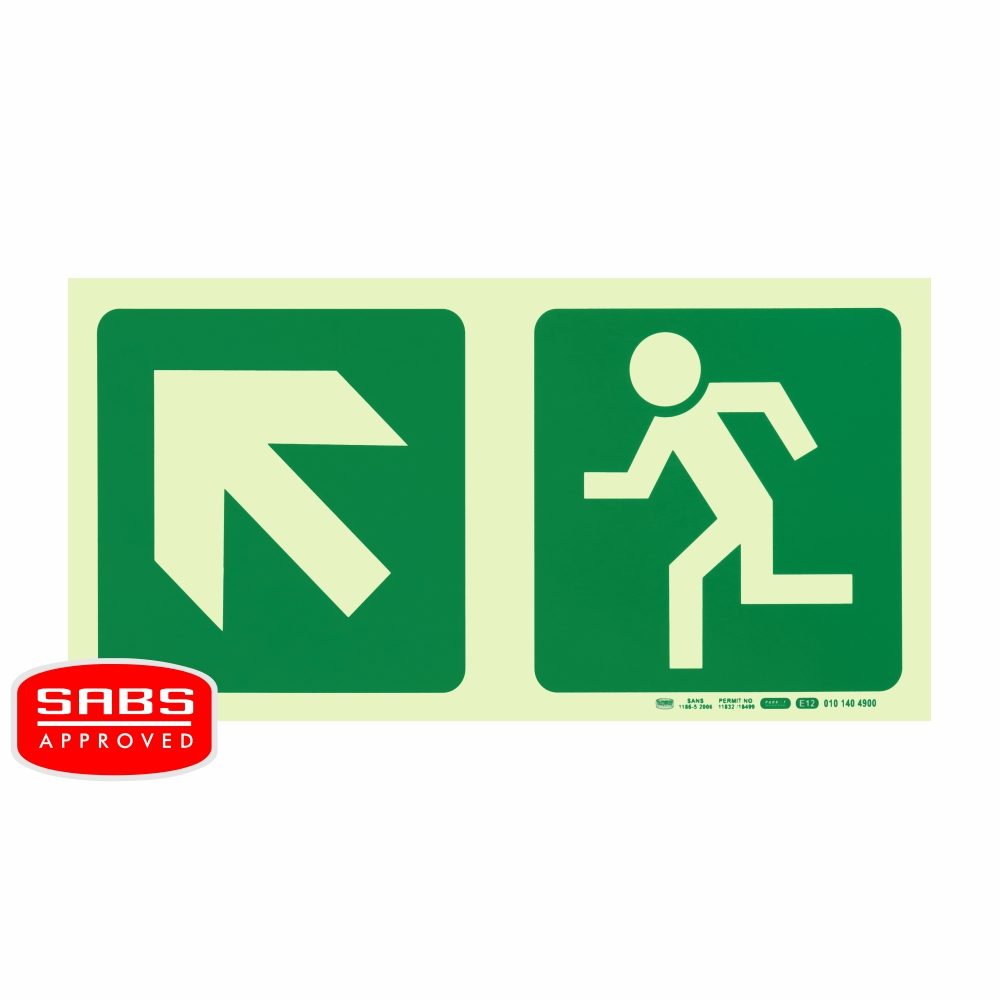 Parrot Products Photoluminescent 190MM Safety Sign - E12-Diagonal Arrow Up AND Left+Running Man