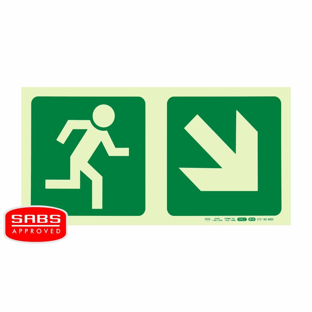 Parrot Products Photoluminescent 190MM Safety Sign - E13-Running Man+Diagonal Arrow Down AND Right