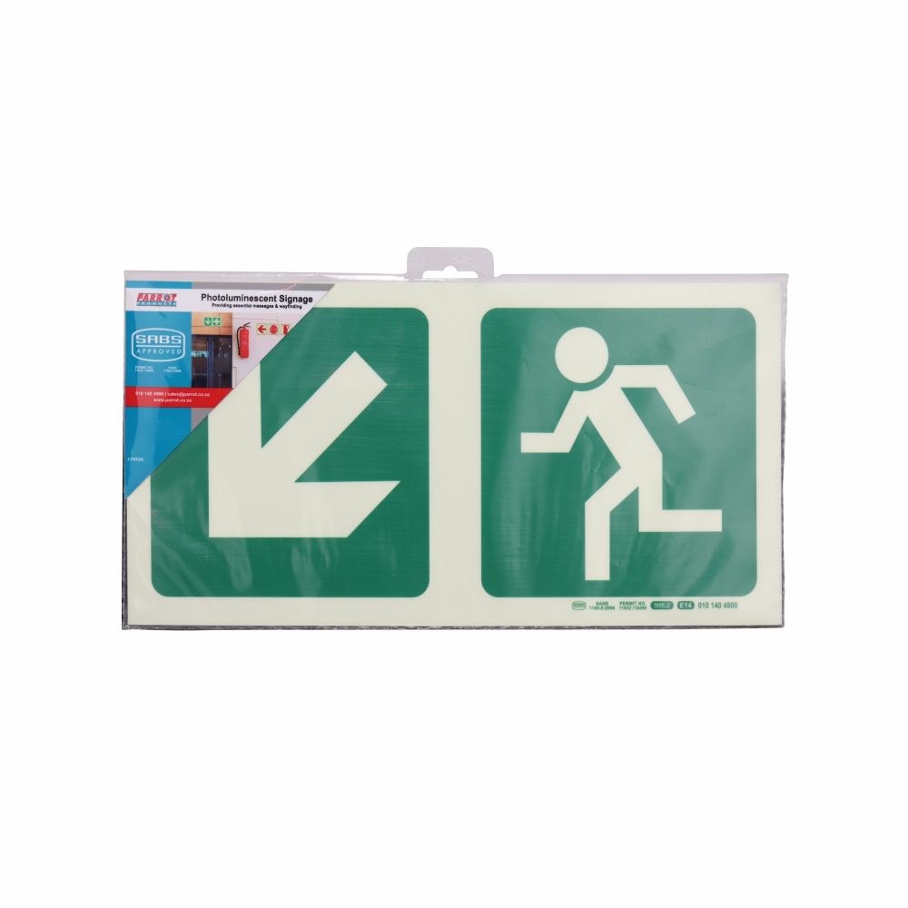 Parrot Products Photoluminescent 190MM Safety Sign - E14-Diagonal Arrow Down AND Left + Running Man