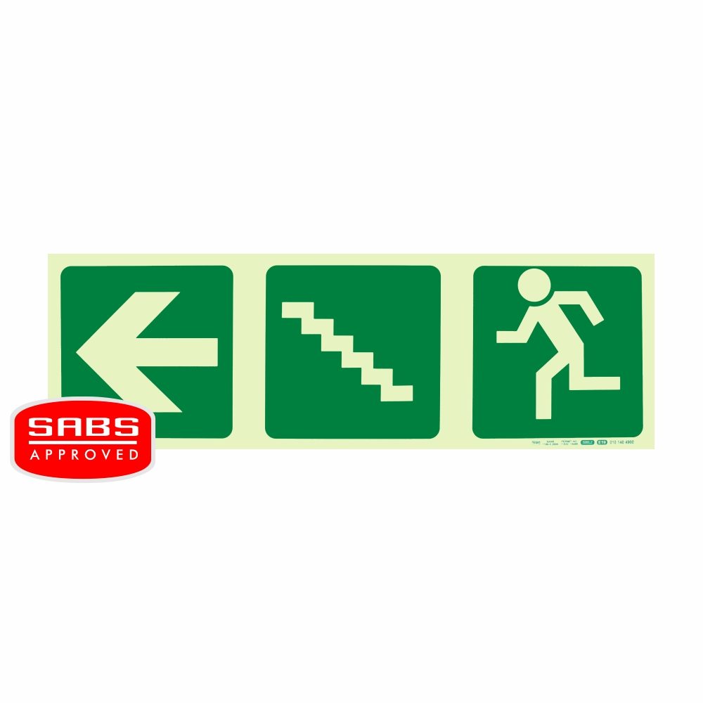 Parrot Products Photoluminescent 190MM Safety Sign - E19-Arrow Left+Stairs Going Up+Running Man