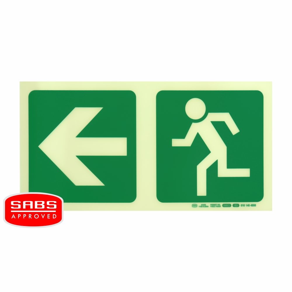 Parrot Products Photoluminescent 190MM Safety Sign - E2-Arrow Left+Running Man