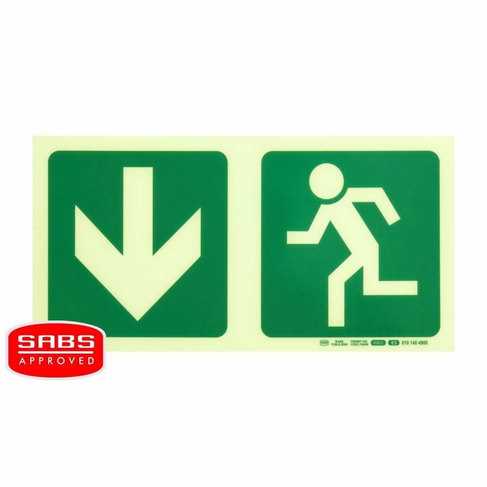 Parrot Products Photoluminescent 190MM Safety Sign - E3-Arrow Down+Running Man