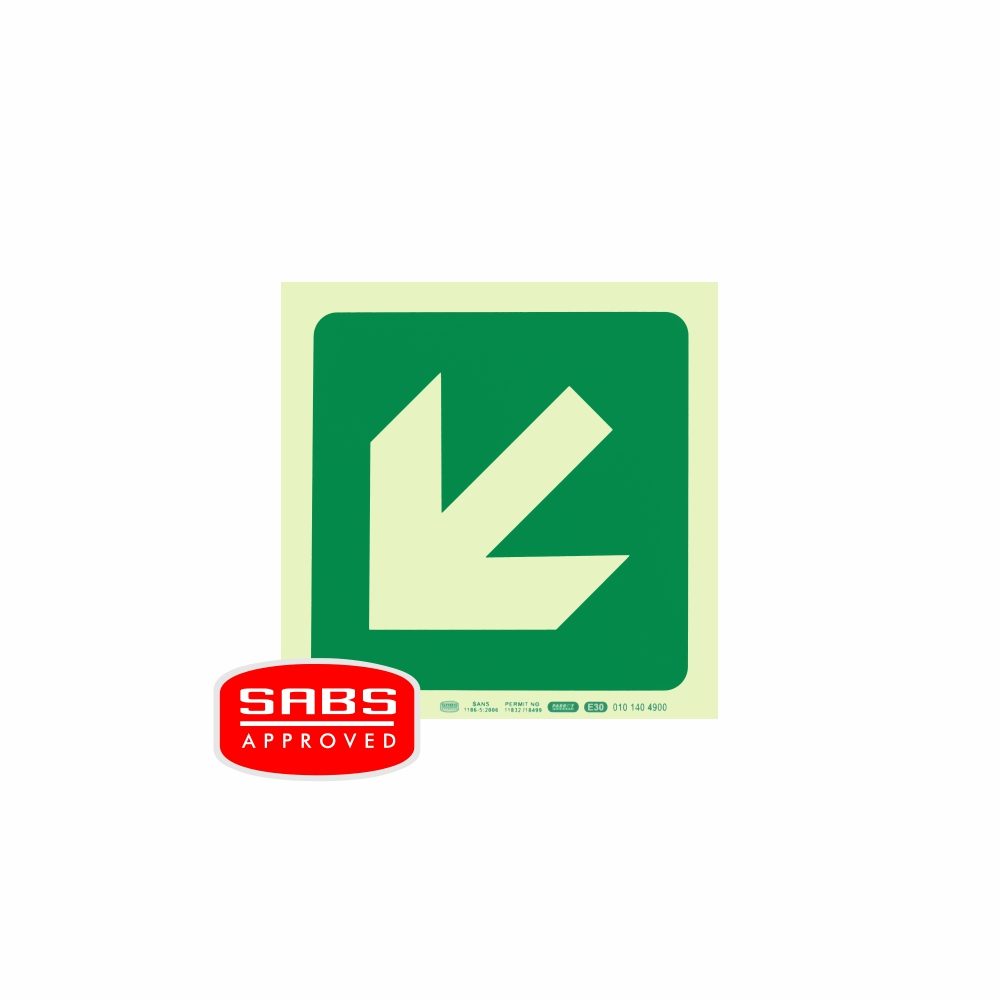 Parrot Products Photoluminescent 190MM Safety Sign - E30-Diagonal Arrow Down AND Left
