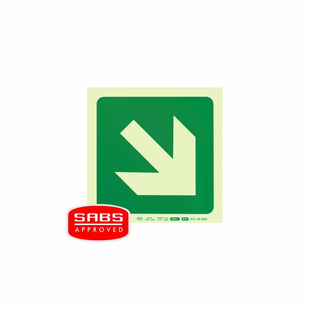 Parrot Products Photoluminescent 190MM Safety Sign - E31-Diagonal Arrow Down AND Right
