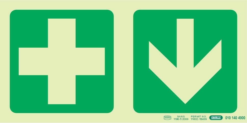 Parrot Products Photoluminescent 190MM Safety Sign - E7A-Green Cross+Arrow Down