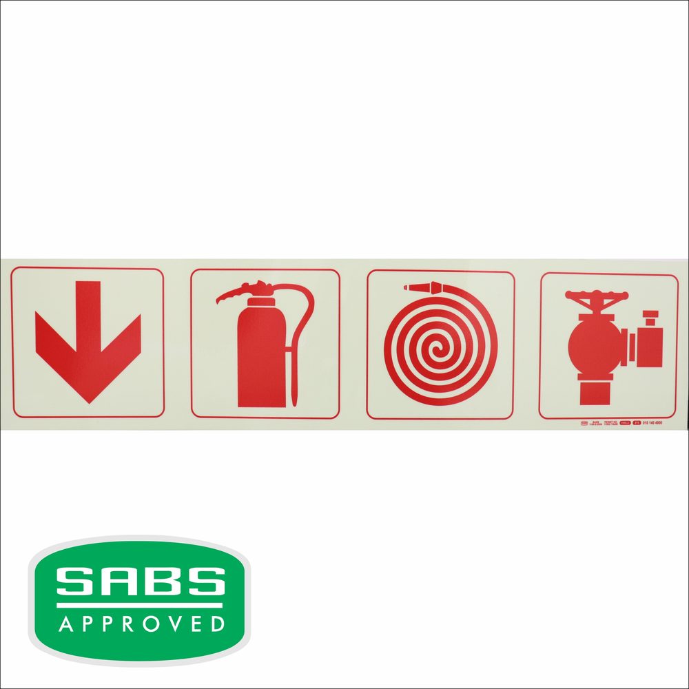 Parrot Products Photoluminescent 190mm Safety Sign - F1 - Arrow Down + Fire Extinguisher + Fire Hose Reel + Fire Hyd