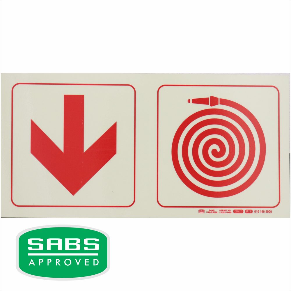Parrot Products Photoluminescent 190mm Safety Sign F14 Arrow Down Fire Hose Reel