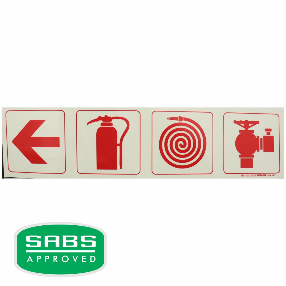 Parrot Products Photoluminescent 190mm Safety Sign - F1-Arrow Down + Fire Extinguisher + Fire Hose Reel+Fire Hyrant