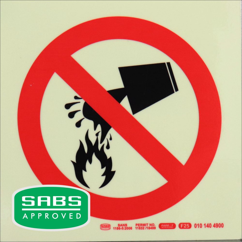 Parrot Products Photoluminescent 190mm Safety Sign F25 Water Prohibited As Extinguishing Agent