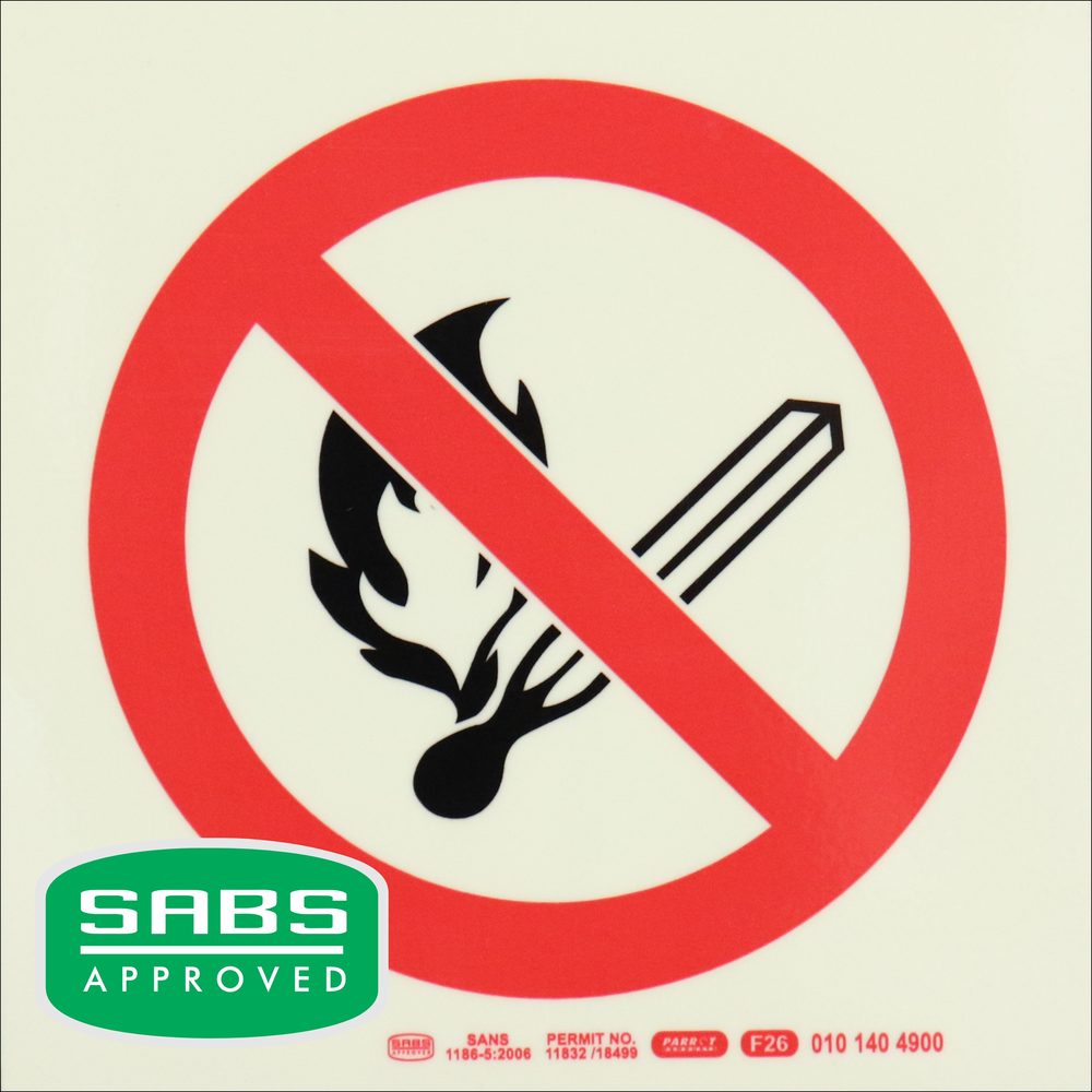Parrot Products Photoluminescent 190mm Safety Sign F26 No Open Or Naked Flames