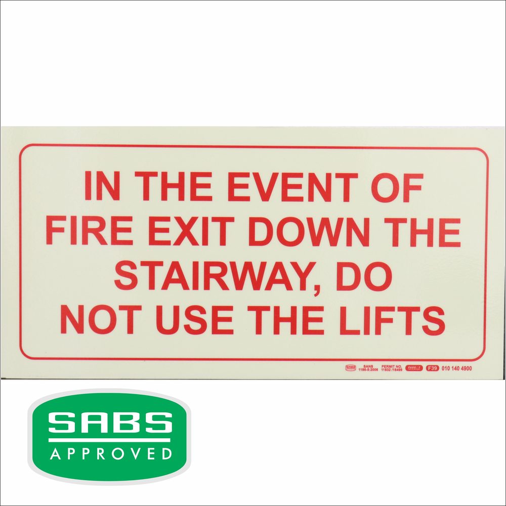 Parrot Products Photoluminescent 190mm Safety Sign F39 In The Event Of Fire Exit Down The Stairway Not Use Lifts