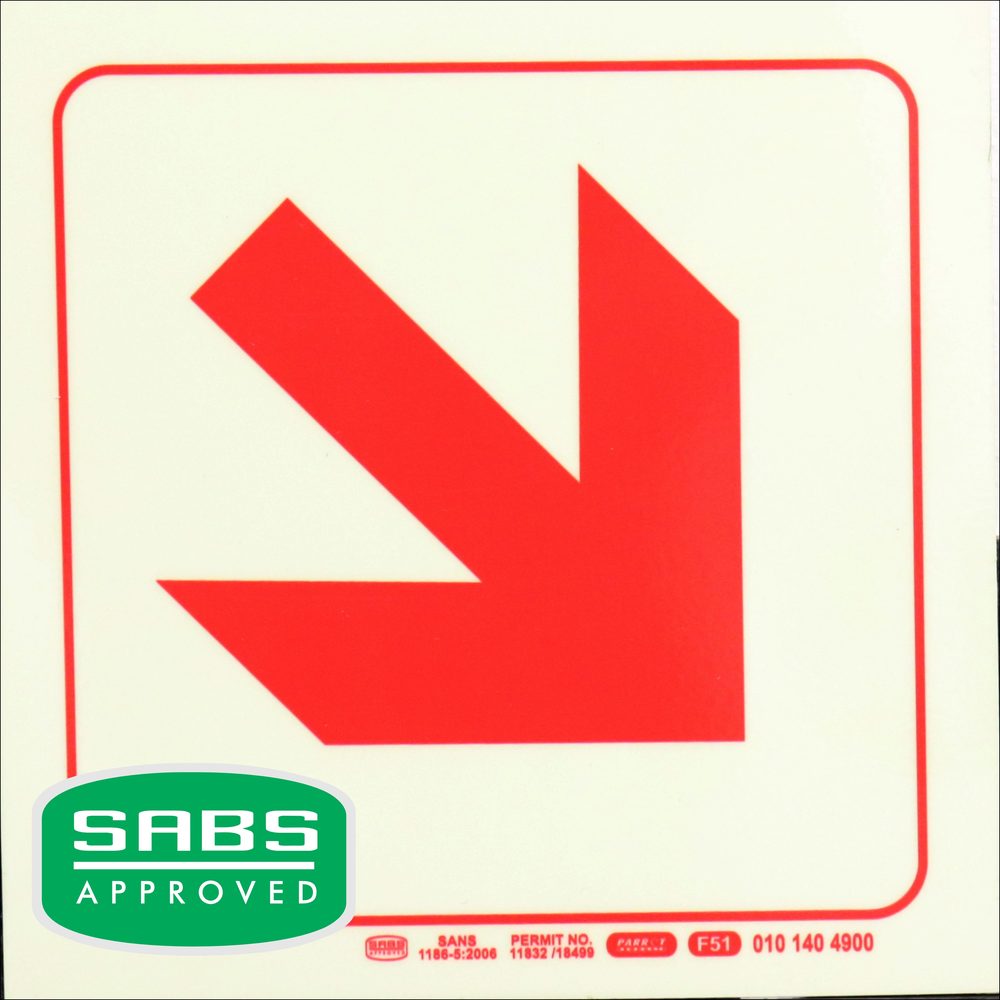 Parrot Products Photoluminescent 190mm Safety Sign F51 Diagonal Arrow Down And Right
