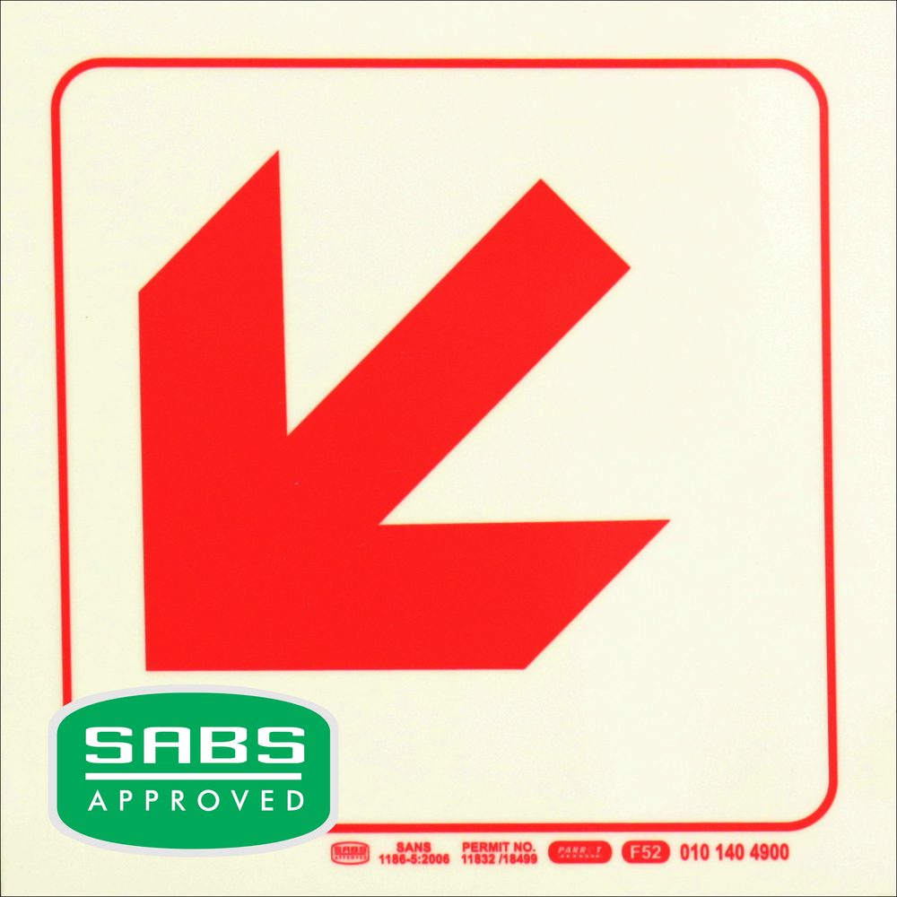Parrot Products Photoluminescent 190mm Safety Sign F52 Diagonal Arrow Down And Left
