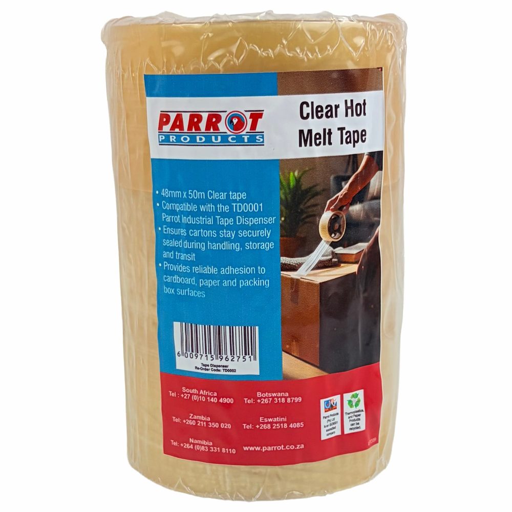Parrot Products Hot Melt Packaging Tape 48mm 50m Clear (Pack of 3)