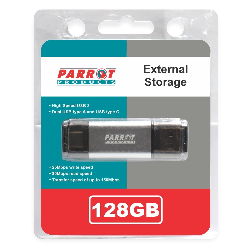 Parrot Products External Storage USB 3 Type A + USB C 128GB Flash Drive