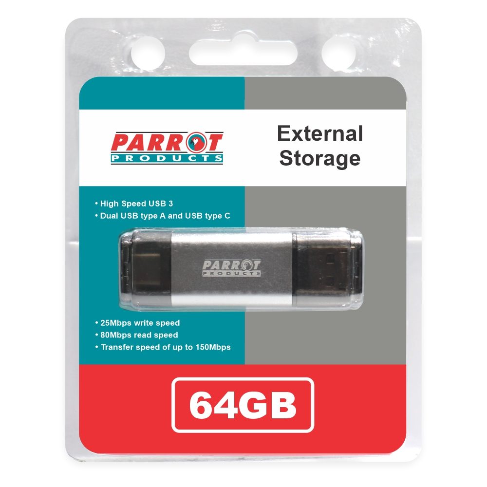 Parrot Products External Storage USB 3 Type A + USB C 64GB Flash Drive