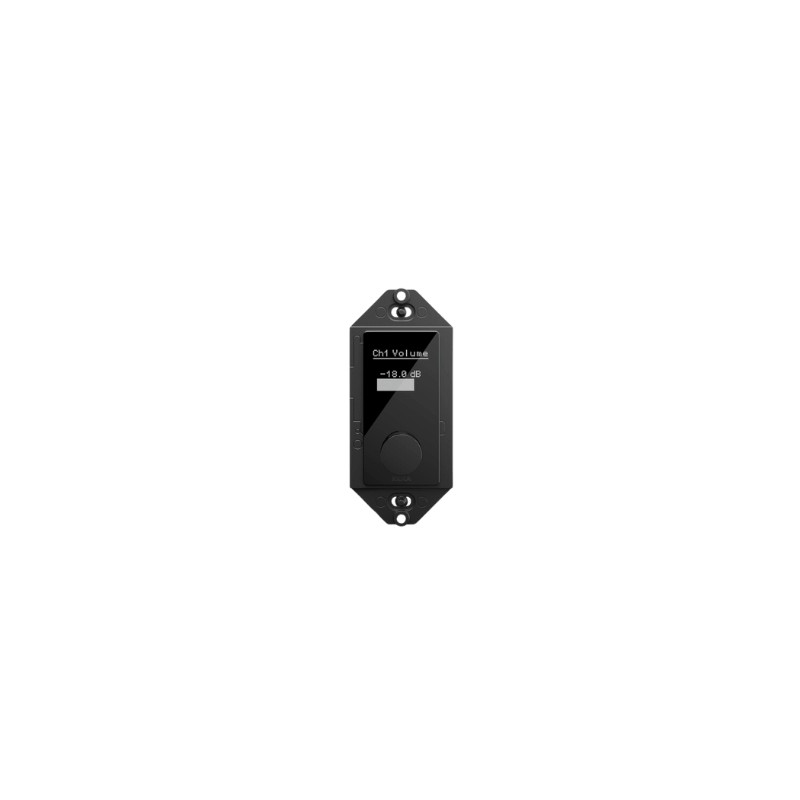 Xilica Designer IP-based wall control with recessed rotary encoder, PoE power and configurable OLED display. Mounts into single-gang Decora cut-out (not included).
