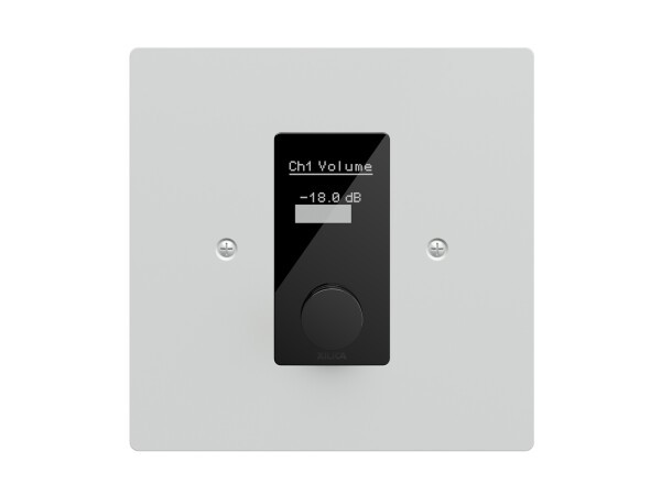 Xilica Designer IP-based wall control with recessed rotary encoder, PoE power and configurable OLED display. Mounts into single-gang EU/UK wall-box, includes white coated aluminium faceplate.