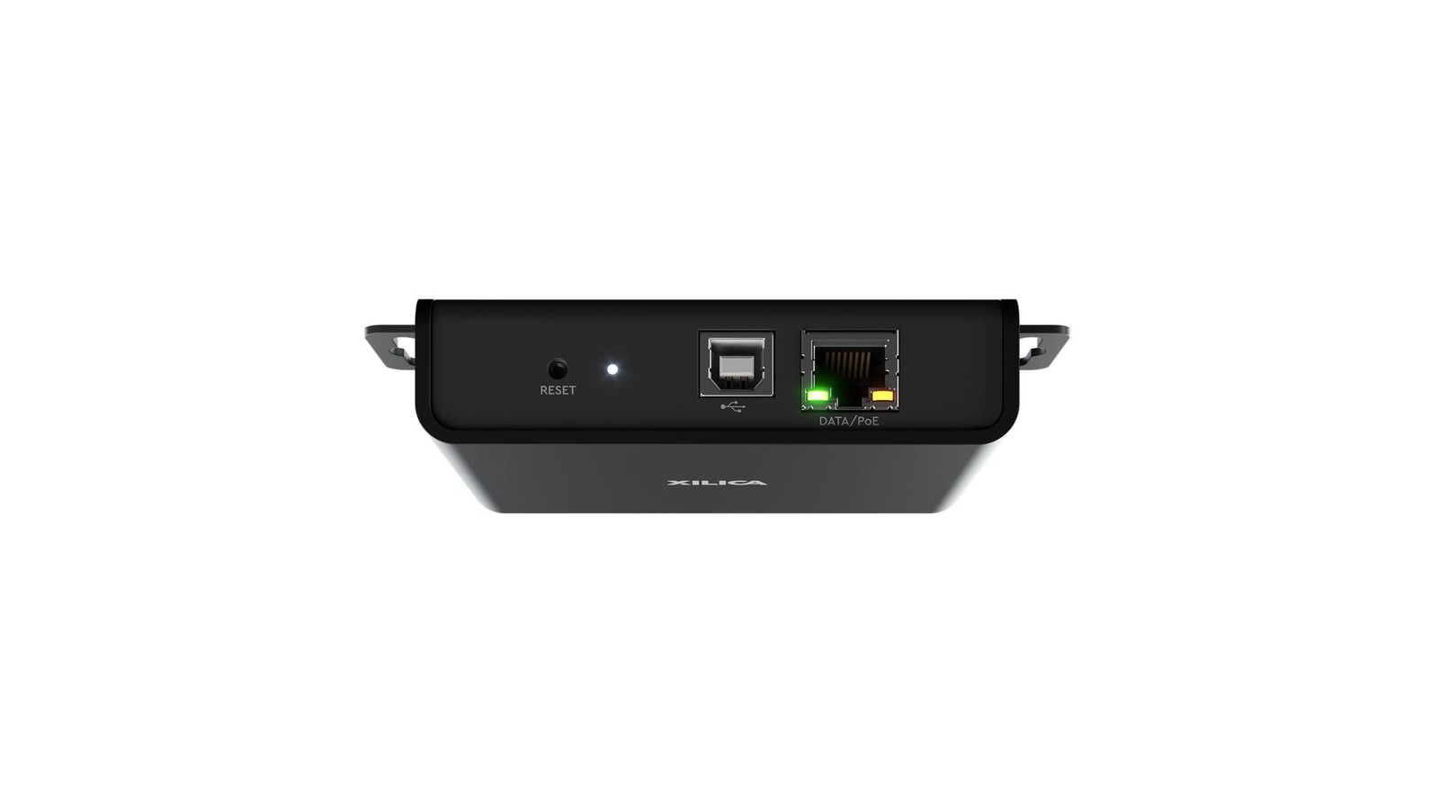 Xilica USB 2.0 to Dante network endpoint, PoE-powered with single CatX cable and suitable for mounting under the table or behind a display, with UC mute sync.
