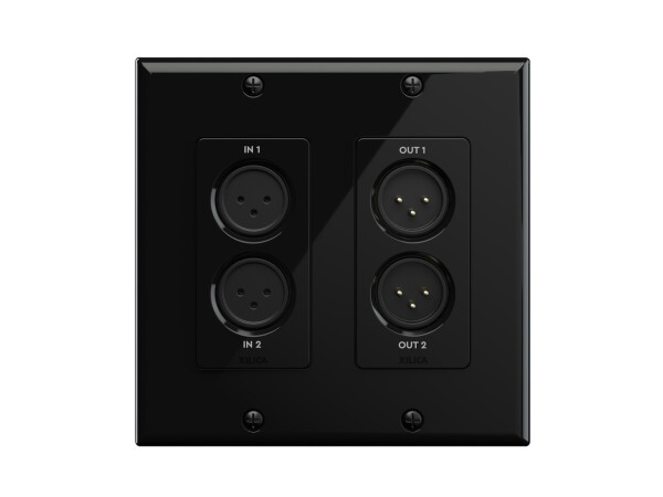 Xilica Neutrik XLR 2x2 to Dante in-wall module, suitable for single-gang EU/UK installation or dual-gang US electrical boxes. Single CatX for power and data.