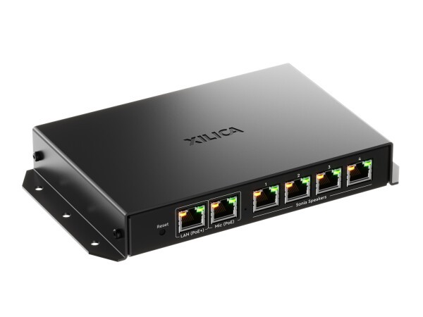 Xilica Four channel PoE amplifier with integrated Dante networking, capable of powering 4 x Sonia C5 in-ceiling loudspeakers. Includes additional network port for support of Dante ceiling microphone. Mounts to rear of Sonia C5.