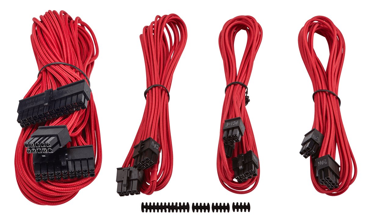 corsair CP-8920145 Red premium individually sleeved flexible paracorded modular cable starter kit with 4x cable combs - include 1x 610mm ATX ( 20+4pin) + 1x 750mm EPS12V(4+4pin) + 2x 650mm PCi-E 8(6+2) pin , with carry bag - for RMX series ; RMi series, SF series