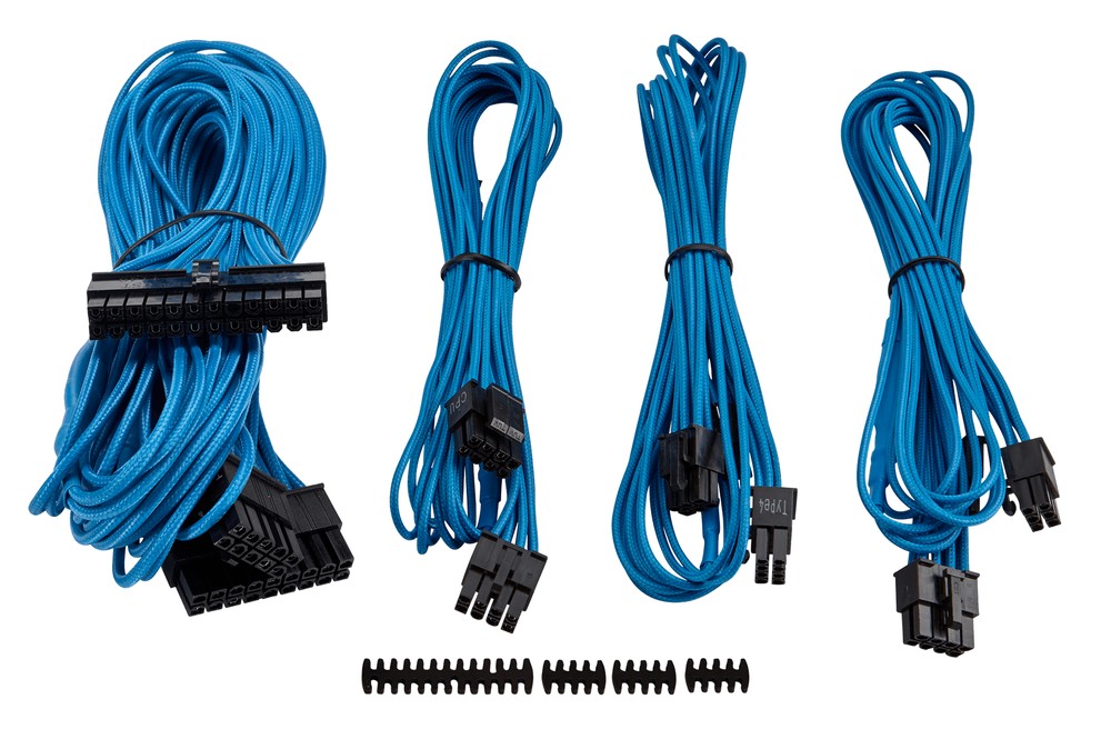 corsair CP-8920147 bLue premium individually sleeved flexible paracorded modular cable starter kit with 4x cable combs - include 1x 610mm ATX ( 20+4pin) + 1x 750mm EPS12V(4+4pin) + 2x 650mm PCi-E 8(6+2) pin , with carry bag - for RMX series ; RMi series, SF series