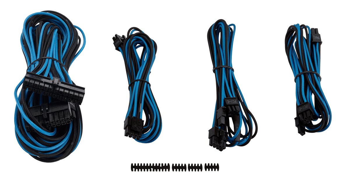 corsair CP-8920150 bLue+blacK premium individually sleeved flexible paracorded modular cable starter kit with 4x cable combs - include 1x 610mm ATX ( 20+4pin) + 1x 750mm EPS12V(4+4pin) + 2x 650mm PCi-E 8(6+2) pin , with carry bag - for RMX series ; RMi series, SF series