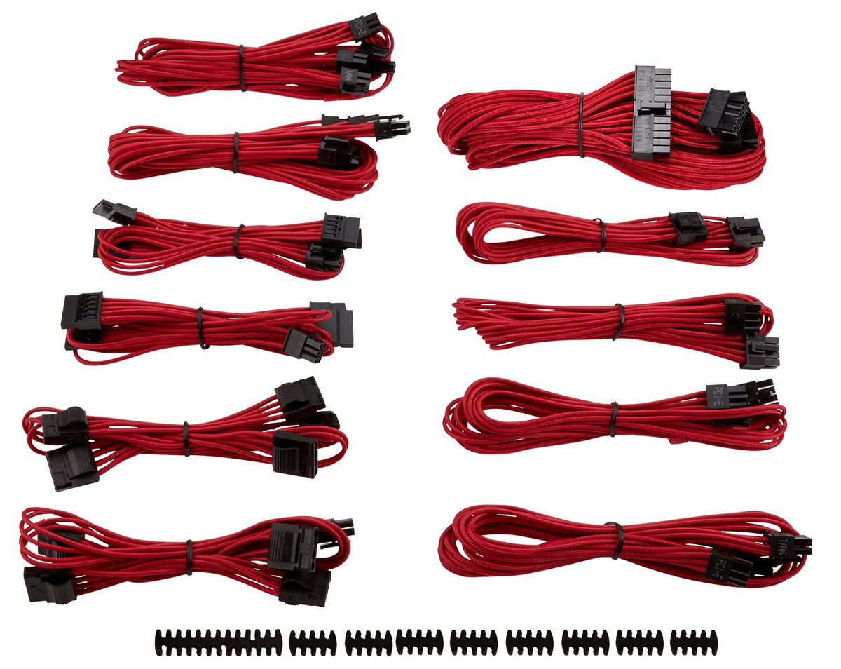 corsair CP-8920152 Red premium individually sleeved flexible paracorded modular cable Pro kit with 9x cable combs - include 1x 610mm ATX ( 20+4pin) + 2x 750mm EPS12V(4+4pin) + 6x PCi-E 8(6+2)pin (4x650mm) + 8x SATA(2x750mm) + 8x molex(2x750mm) , with carry bag - for RMX series ; RMi series, SF series