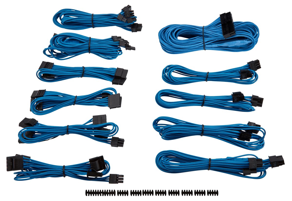 corsair CP-8920154 bLue premium individually sleeved flexible paracorded modular cable Pro kit with 9x cable combs - include 1x 610mm ATX ( 20+4pin) + 2x 750mm EPS12V(4+4pin) + 6x PCi-E 8(6+2)pin (4x650mm) + 8x SATA(2x750mm) + 8x molex(2x750mm) , with carry bag - for RMX series ; RMi series, SF series