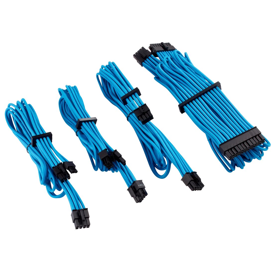 corsair CP-8920218 bLue premium individually sleeved flexible paracorded modular cable starter kit ( type4 Gen4 ) , 4x cable combs - include 1x 610mm ATX ( 20+4pin) + 1x 750mm EPS12V(4+4pin) + 2x 650mm PCi-E 8(6+2) pin , heatshrink-less connectors , with modular interlocking cable combs , with carry bag - for RMX , RMi series, HX, HXi , AX , AX1600i , SF series