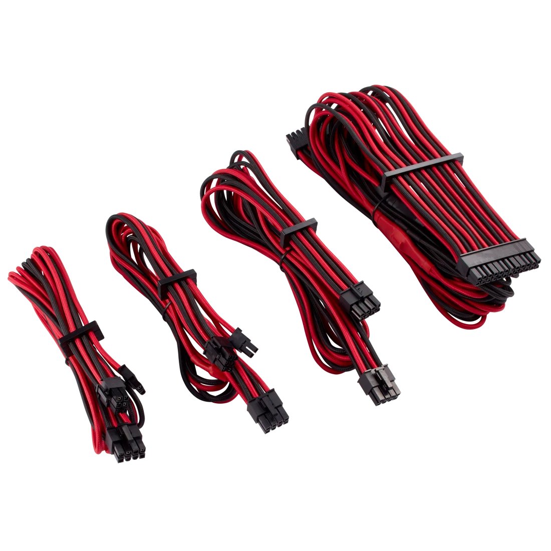 corsair CP-8920219 Red+blacK premium individually sleeved flexible paracorded modular cable starter kit ( type4 Gen4 ) , 4x cable combs - include 1x 610mm ATX ( 20+4pin) + 1x 750mm EPS12V(4+4pin) + 2x 650mm PCi-E 8(6+2) pin , heatshrink-less connectors , with modular interlocking cable combs , with carry bag - for RMX , RMi series, HX, HXi , AX , AX1600i , SF series