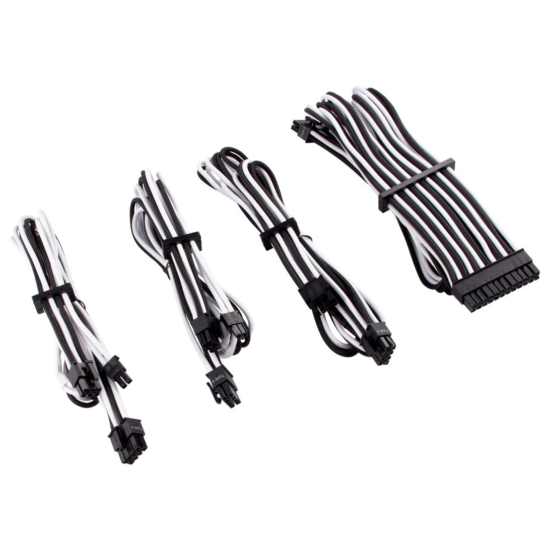 corsair CP-8920220 White+blacK premium individually sleeved flexible paracorded modular cable starter kit ( type4 Gen4 ) , 4x cable combs - include 1x 610mm ATX ( 20+4pin) + 1x 750mm EPS12V(4+4pin) + 2x 650mm PCi-E 8(6+2) pin , heatshrink-less connectors , with modular interlocking cable combs , with carry bag - for RMX , RMi series, HX, HXi , AX , AX1600i , SF series