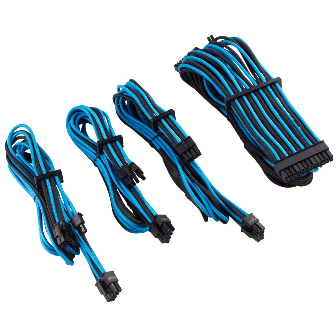 corsair CP-8920221 bLue+blacK premium individually sleeved flexible paracorded modular cable starter kit ( type4 Gen4 ) , 4x cable combs - include 1x 610mm ATX ( 20+4pin) + 1x 750mm EPS12V(4+4pin) + 2x 650mm PCi-E 8(6+2) pin , heatshrink-less connectors , with modular interlocking cable combs , with carry bag - for RMX , RMi series, HX, HXi , AX , AX1600i , SF series