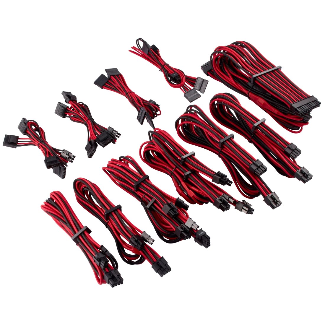 corsair CP-8920226 Red+blacK premium individually sleeved flexible paracorded modular cable Pro kit with 9x cable combs ( type4 Gen4 ) , 9x cable combs - include 1x 610mm ATX ( 20+4pin) + 2x 750mm EPS12V(4+4pin) + 6x PCi-E 8(6+2)pin (4x650mm) + 8x SATA(2x750mm) + 8x molex(2x750mm) , heatshrink-less connectors , with modular interlocking cable combs , with carry bag - for RMX , RMi series, HX, HXi , AX , AX1600i , SF series