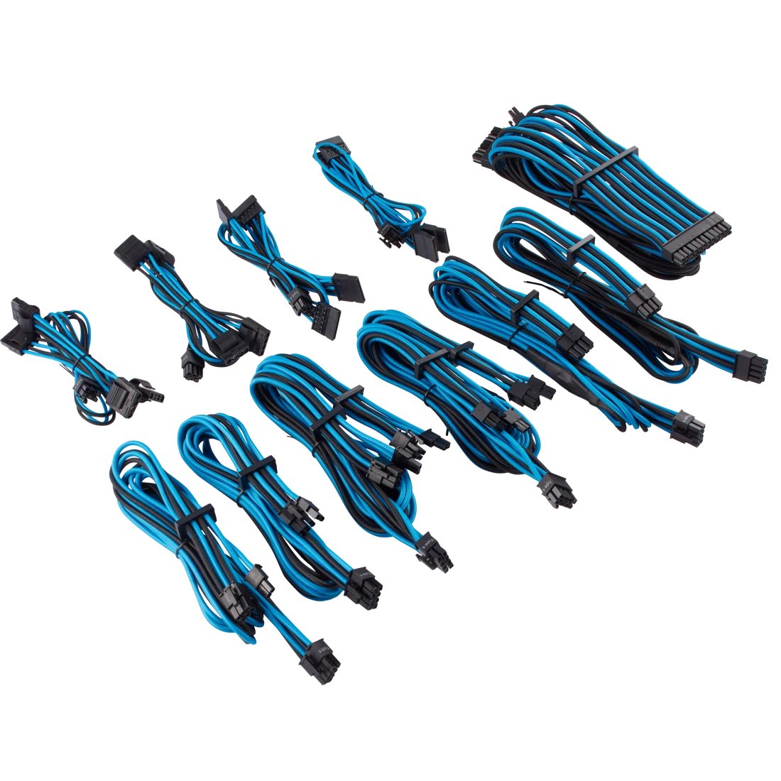 corsair CP-8920228 bLue+blacK premium individually sleeved flexible paracorded modular cable Pro kit with 9x cable combs ( type4 Gen4 ) , 9x cable combs - include 1x 610mm ATX ( 20+4pin) + 2x 750mm EPS12V(4+4pin) + 6x PCi-E 8(6+2)pin (4x650mm) + 8x SATA(2x750mm) + 8x molex(2x750mm) , heatshrink-less connectors , with modular interlocking cable combs , with carry bag - for RMX , RMi series, HX, HXi , AX , AX1600i , SF series
