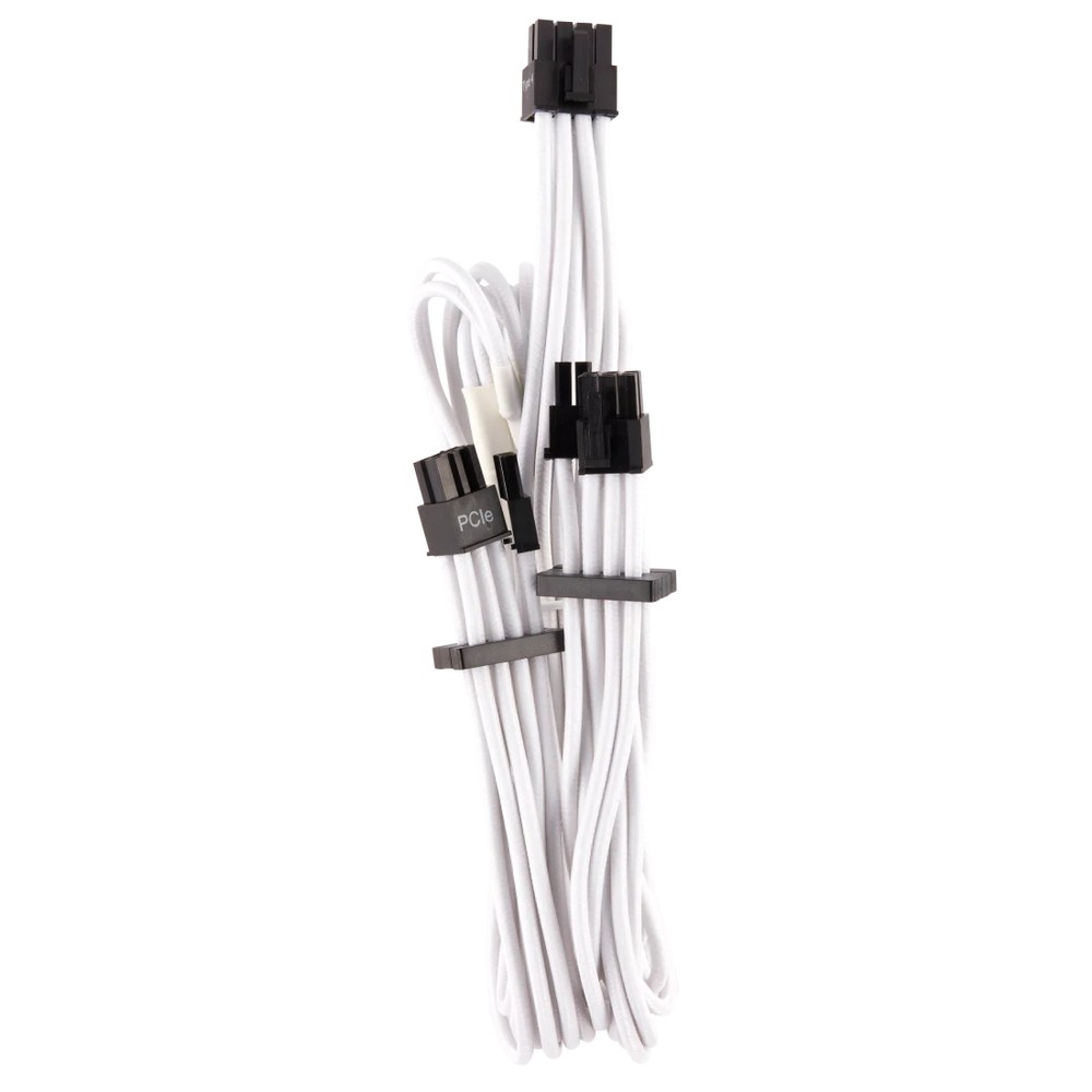 corsair CP-8920252 White premium individually sleeved flexible paracorded cable ( type4 Gen4 ) - 4x PCiE (6 or 8pin) , 2x 650mm with 4 connectors , heatshrink-less connectors , with modular interlocking cable combs - for RMX , RMi series, HX, HXi , AX , AX1600i , SF series