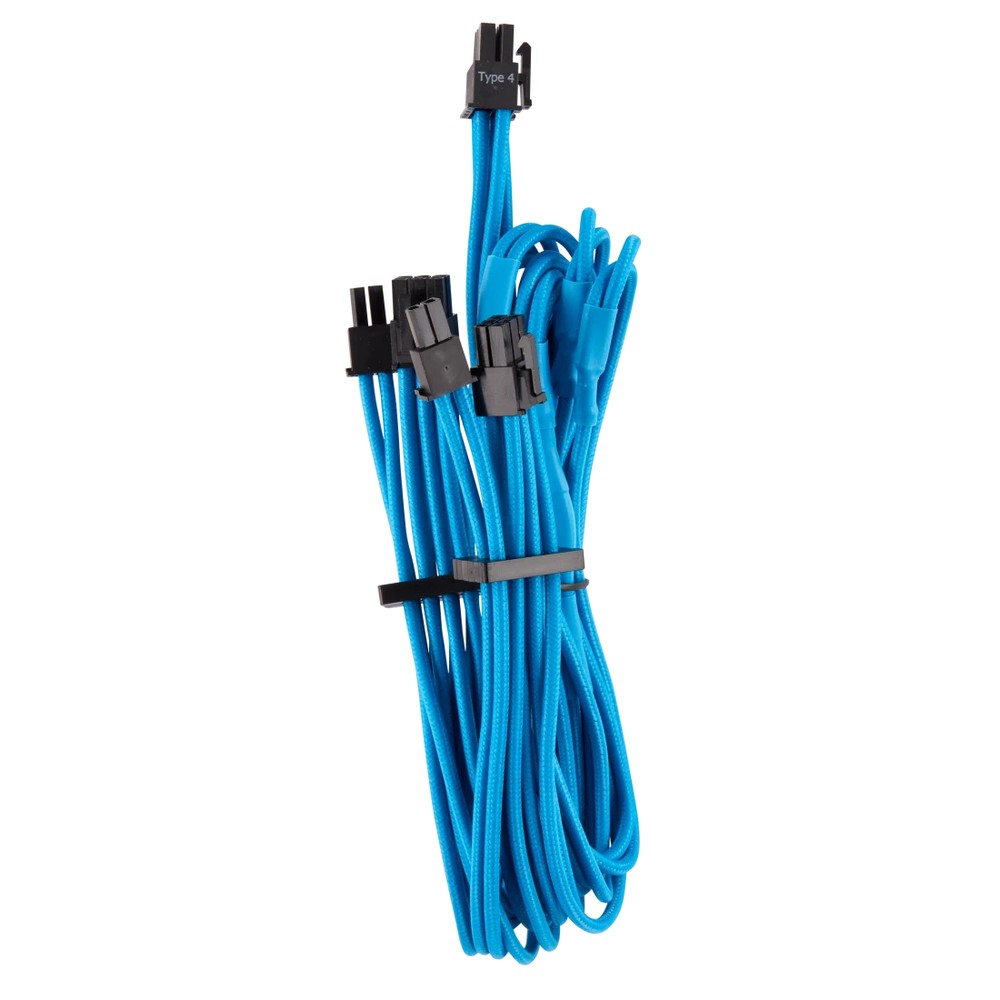 corsair CP-8920253 bLue premium individually sleeved flexible paracorded cable ( type4 Gen4 ) - 4x PCiE (6 or 8pin) , 2x 650mm with 4 connectors , heatshrink-less connectors , with modular interlocking cable combs - for RMX , RMi series, HX, HXi , AX , AX1600i , SF series