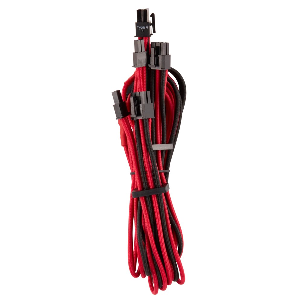 corsair CP-8920254 Red+blacK premium individually sleeved flexible paracorded cable ( type4 Gen4 ) - 4x PCiE (6 or 8pin) , 2x 650mm with 4 connectors , heatshrink-less connectors , with modular interlocking cable combs - for RMX , RMi series, HX, HXi , AX , AX1600i , SF series