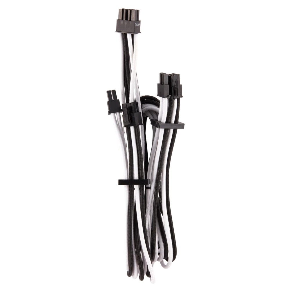 corsair CP-8920255 White+blacK premium individually sleeved flexible paracorded cable ( type4 Gen4 ) - 4x PCiE (6 or 8pin) , 2x 650mm with 4 connectors , heatshrink-less connectors , with modular interlocking cable combs - for RMX , RMi series, HX, HXi , AX , AX1600i , SF series