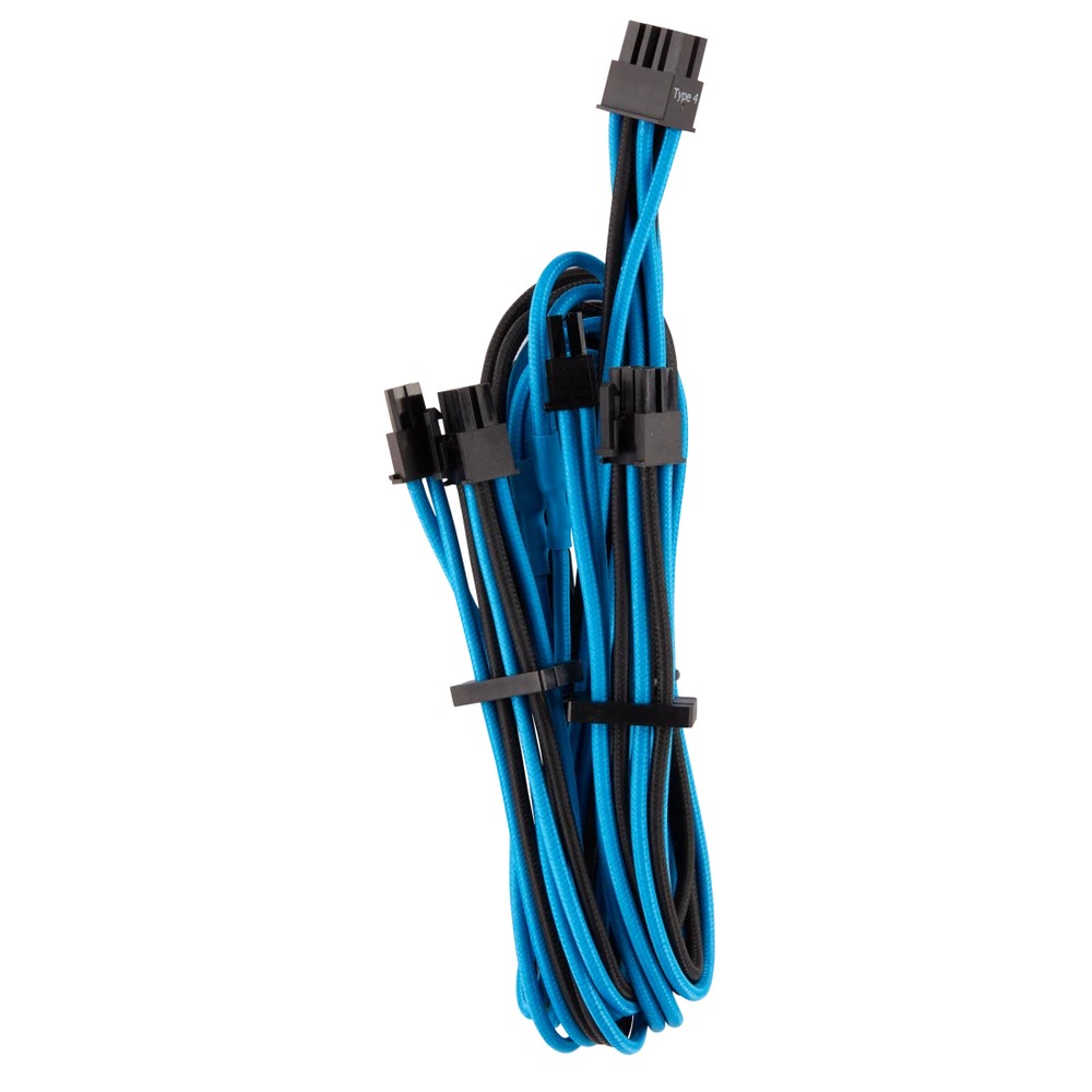 corsair CP-8920256 bLue+blacK premium individually sleeved flexible paracorded cable ( type4 Gen4 ) - 4x PCiE (6 or 8pin) , 2x 650mm with 4 connectors , heatshrink-less connectors , with modular interlocking cable combs - for RMX , RMi series, HX, HXi , AX , AX1600i , SF series