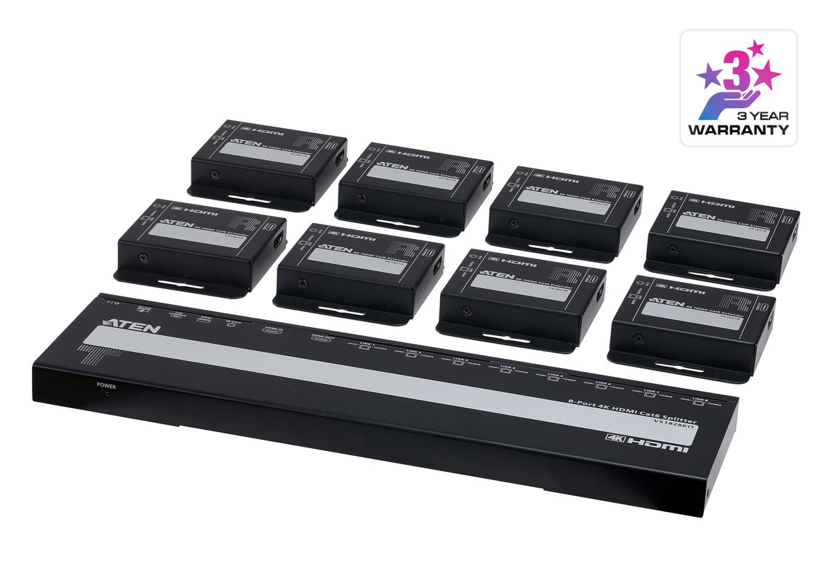ATEN 4-Port 4K HDMI Cat 6 Splitter with Receivers - 1 splitter and 8 receivers