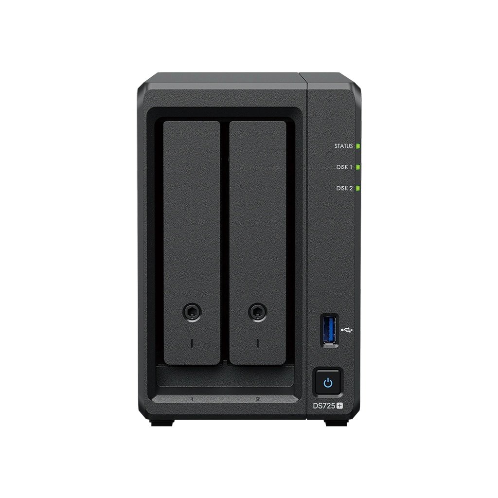 Synology DS725+ 2 Bay NAS AMD Ryzen R1600 2C CPU 4 GB DDR4 ECC SODIMM (2 RAM slots) 1 x RJ-45 1GbE 1 x RJ-45 2.5GbE