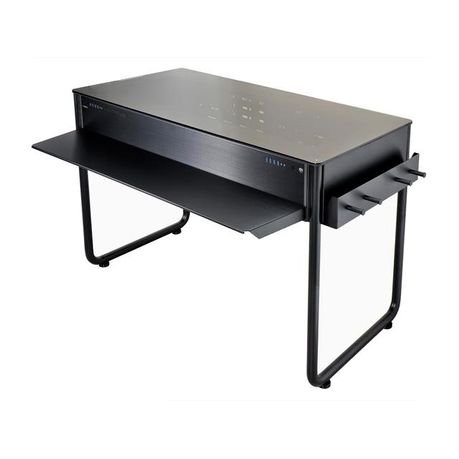 Lian-li DK-02 computer desk ( 1250mm wide for dual systems ) - tempered glass desktop + aluminm , no psu ( support 2x PSU ) , support 2x240mm radiator / 175mm high cpu cooler / 300mm+400mm long vga card , tool-free pci slots design ; 4+4x usb 3.0 + 2x audio in/out - 1x slim 5.25"(or 2.5" hdd) , 8+9x 3.5"/2.5" internal , with keyboard tray - 8x 120mm fan with filter - mini-iTX + E-ATX