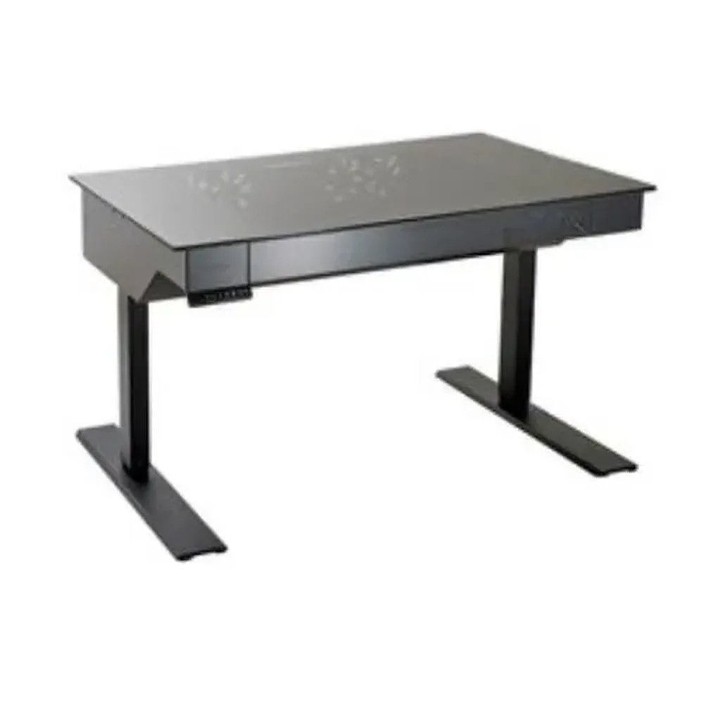 Lian-li DK-04 computer desk- tempered glass desktop + aluminm , with electrical height adjustment system ( 4 settings with memory buttons ) , PW-PCi-E38 PCi-E16x riser cable ( to install VGA card horiziontally ) , with built-in LED50RGB-2 LED RGB color changing kit , no psu ( support 2x PSU ) , support upto 120x480mm radiator / 140mm high cpu cooler / 320mm long vga card , tool-free pci slots design ; 4x usb 3.0 + 2x audio in/out - 8/0x 3.5" internal , 2/10x 2.5" , with keyboard tray - 8x 120mm fan with filter upto 12 - ATX