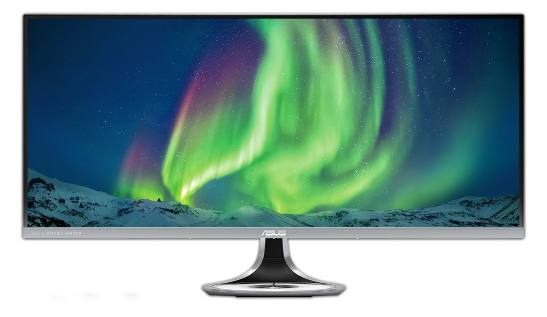 Asus designo MX34VQ 34" + Curved ( 1800R ) + Speaker ( 2x 8w Harman Kardon sepaker ) + Qi wireless charger on base - with ah-iPS technology ( true 178 wide viweing angle + real color ) - 7mm ultra-slim with 8.4mm frameless bezel , Trace-free + QuickFit Virtual Scale + multiFrame management software , 5-way Navigation joystick , tilt , UWQHD 3440x1440 ( 21:9 ) ; brightness- 300cd/m2 ; contrast ratio - 3000:1 / 100000000:1 , response time- 4ms - 3x HDMi + DisplayPort + 3.5mm audio out - no vesa wall-mount