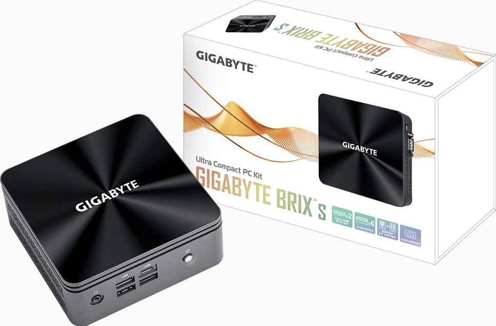Gigabyte i7 gb-bri7h-10510 High ( with type2280 M.2 + 2.5" HDD mounting support ) - brix ultra compact PC - 120x120x47mm mini size PC - 4K HDMi , black- intel comet lake Core i7-10510U - Quad core+ hyper-threading ( 8-threads ) , 1.8/4.9Ghz ( with VT-x+ VT-d + no TXT , 14nm , 4GT/sec DMi , 38.4GB/sec memory bandwidth ; 8mb L2 cache ) , optional 2x DDR4-2400/2666 so-dimm ( 2 slots upto 64gb ) , 1x SATA6G + M.2 type2280 PCIe Gen3x4 ( PCIe or SATA or Optane mode ) , no card reader , on-board intel HD620 300/1150mhz graphic ( 18x EU ) with 2x HDMi + intel i219V gigabit lan + wireless-AC 3168 433mbps dual-band wifi+BT , 7.1 audio via HDMi + 1x USB3 type-C (Gen2 10Gbps ) + 5x USB3 type-A (Gen2 10Gbps ) + serial port + 3.5mm audio in/out combo jack ; external 19V/65W ac-adapter , with 75x75mm+100x100mm vesa wall mount kit