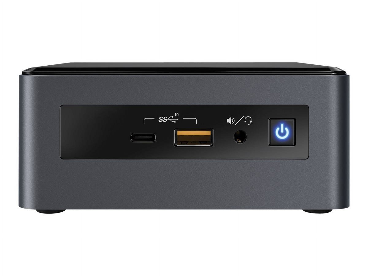Intel NUC8i7iNHx NUC ( Next Unit of Computing ) - 117x112x51mm mini size PC - onboard 8Gb LPDDR3-1866 Memory , with 9.5mm 2.5" HDD mounting support - 4K Full-HD , black+silver- intel whiskeylake Core i7-8565U - Quad core+ hyper-threading ( 8-threads ) , 1.8Ghz upto 4.6Ghz turbo-boost ( with VT-x+ VT-d + no TXT , 14nm , 37.5GB/sec memory bandwidth ; 8mb L2 cache ) , onboard 8Gb LPDDR3-1866 ( no slot ) , nGff/M.2x4 type2280 socket ( PCIe or SATA or Optane mode ) + 1x 2.5" SATA6G + SDXC card reader , on-board Radeon 540X discrete vga ( 1219mhz , 512 stream processors , 39GT/sec texture fillrate , 1250 GFLOPS , 2Gb 64bit DDR5 , 48Gb/sec memory bandwidth ) with 1x HDMi out + 1x miniDP + usb3.1 type-C/DP/Thunderbolt3 out + i219V gigabit lan + wireless-AC 9560 1730mbps dual-band wifi + BT + 7.1 audio via HDMi/DP + 4x USB3.1 Gen2 10Gbps ( 1x type-C + 3x type-A) + 3.5mm audio in/out + consumer infrared sensor ; external 19V/90W ac-adapter , with vesa wall mount kit